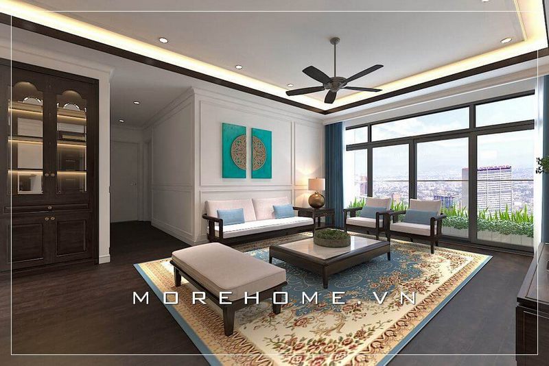Mẫu thiết kế nội thất phòng khách chung cư hiện đại tạo cảm giác ấm áp nhờ vào nội thất gỗ tự nhiên cao cấp cuốn hút mọi ánh nhìn
