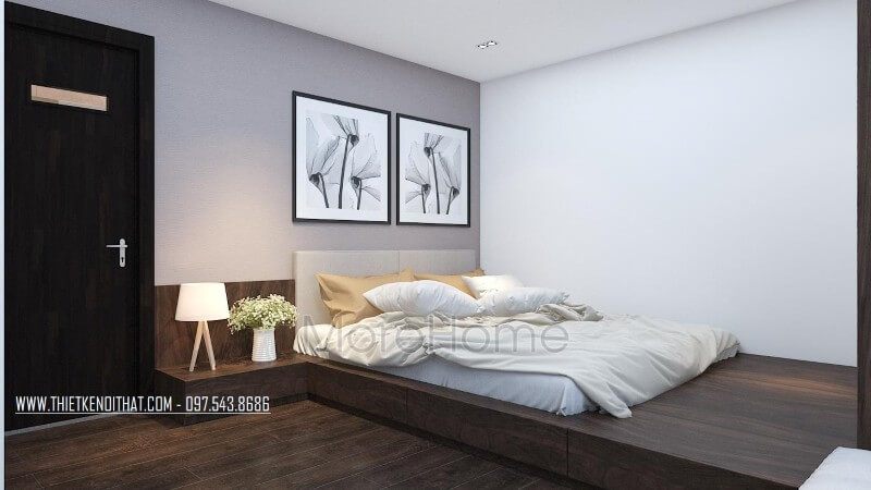 Thay vì sử dụng mảng tường đơn sắc, kiến trúc sư đã lựa chọn tô điểm thêm cho không gian đầu giường bằng cách treo tranh canvas tinh tế để tạo ra ấn tượng.