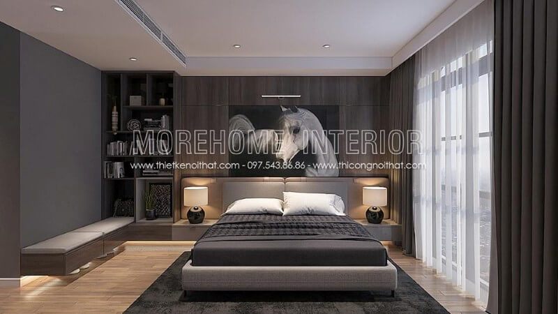 Giường ngủ biệt thự hiện đại, đơn giản được trang trí nội thất với phần chân được thiết kế thanh mảnh bằng chất liệu kim loại, được phun sơn cách điện để tạo độ vững chãi cao hơn.